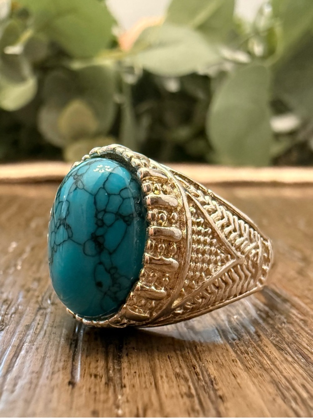 Turquoise Howlite Cabochon Statement Ring Set in Silver Tone band